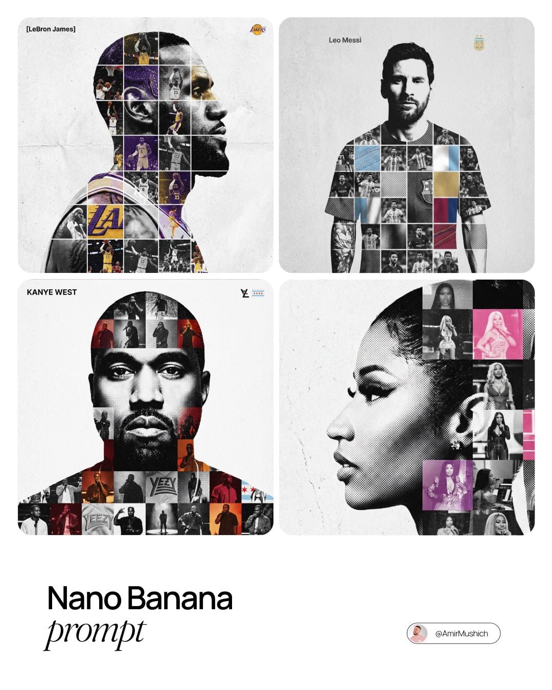 Layered black-and-white portrait poster with photo-grid details