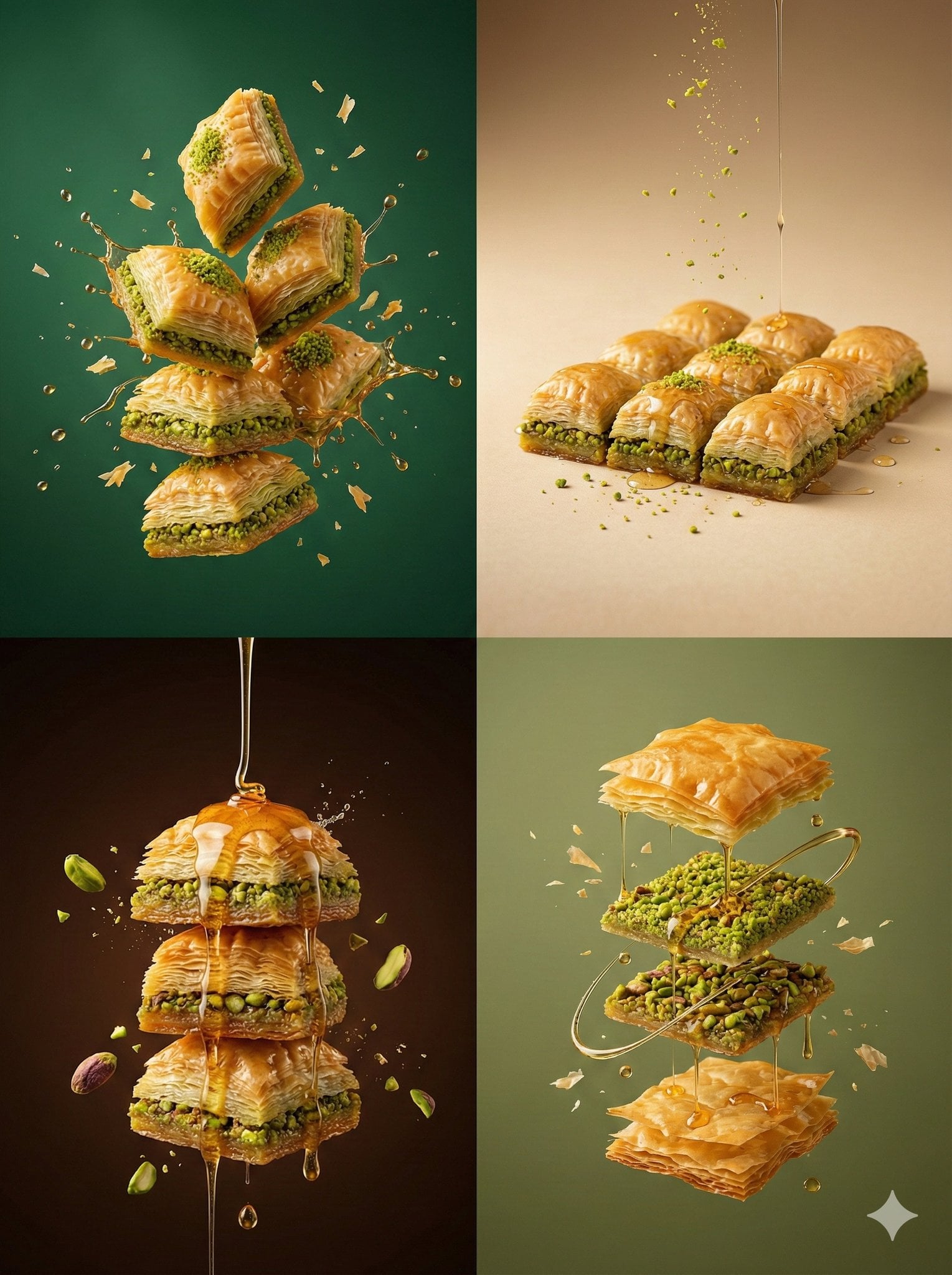 Pistachio pastry styled in high-motion food advertising scenes