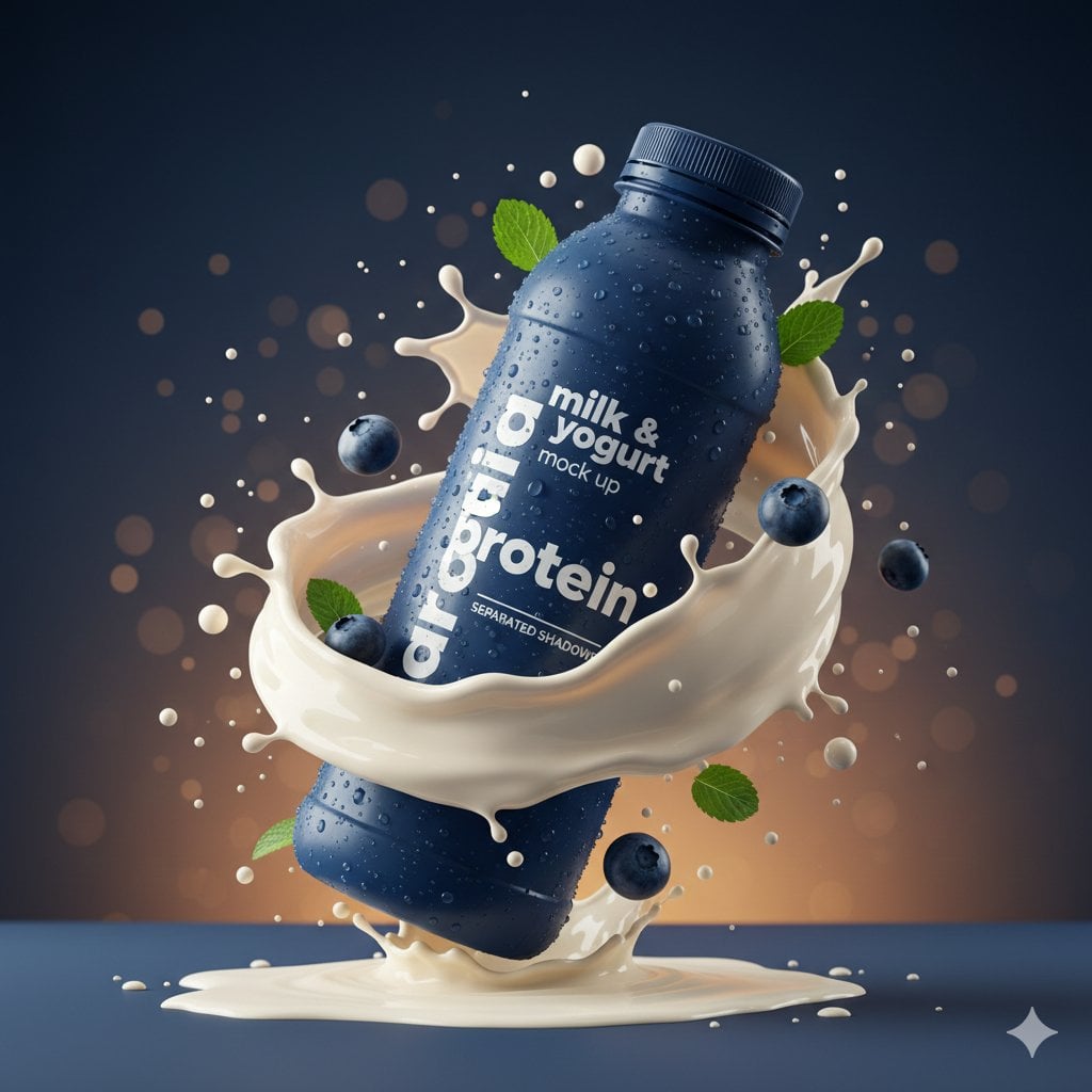 Blue wellness bottle in a dramatic liquid splash