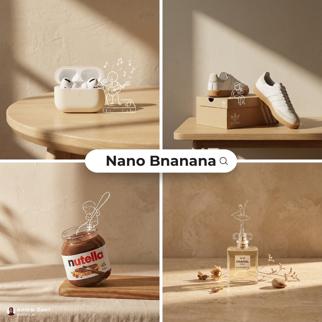 Minimal product still lifes enhanced with playful white line drawings