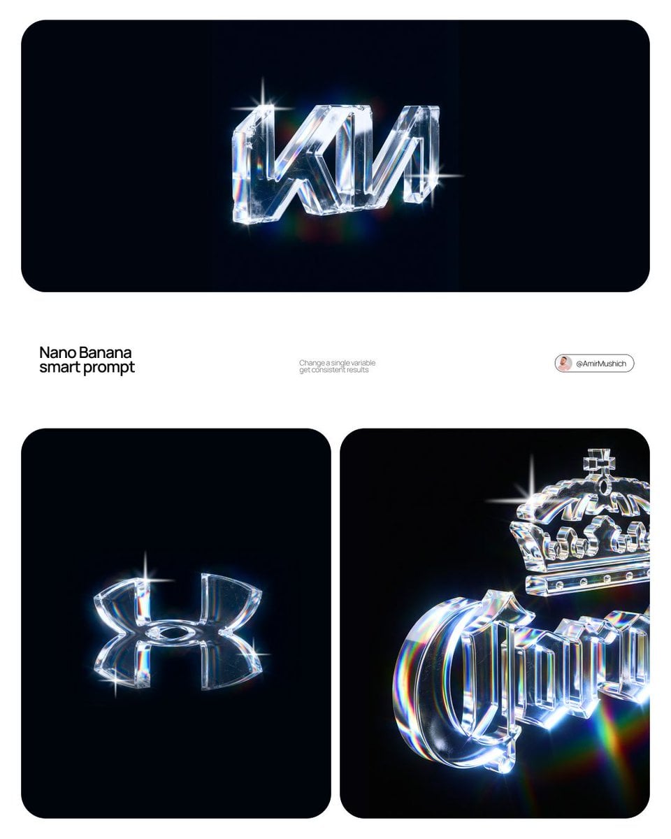 Brand marks rendered as luminous crystal objects